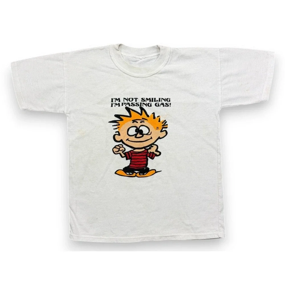 Vintage 90s‎ Calvin Hobbes T Shirt Boys Kids S White Passing Gas Funny Tee USA
